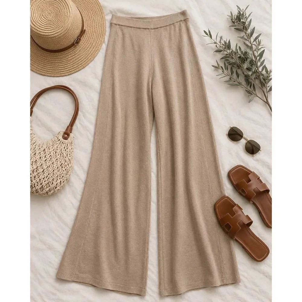 House of Harlow 1960 Beige Knit Wide Leg Lounge Pants Medium